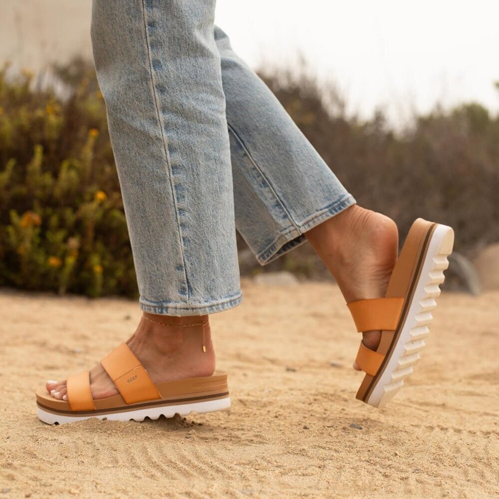 Women's Slide Sandal Brown Open Toe Slip-on Hi Platform Heel Double Strap - Picture 7 of 7